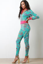 Load image into Gallery viewer, Belted Chain Tassel Print Zip-Up Jacket with Pants Set test